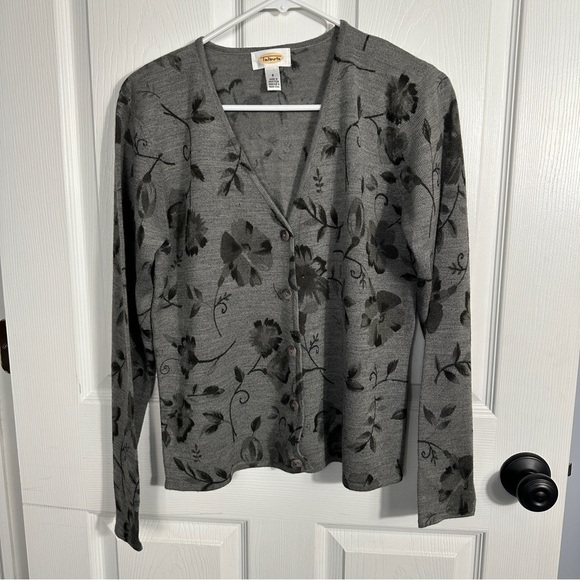 Talbots gray floral cardigan, buttons, size small, acrylic/wool, spring, layer - Picture 1 of 8